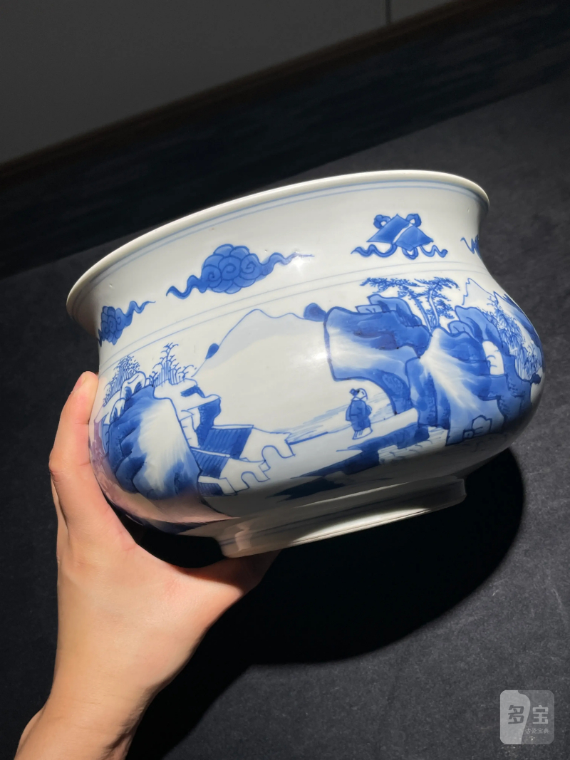 清康熙 青花山水纹香炉 - 图3